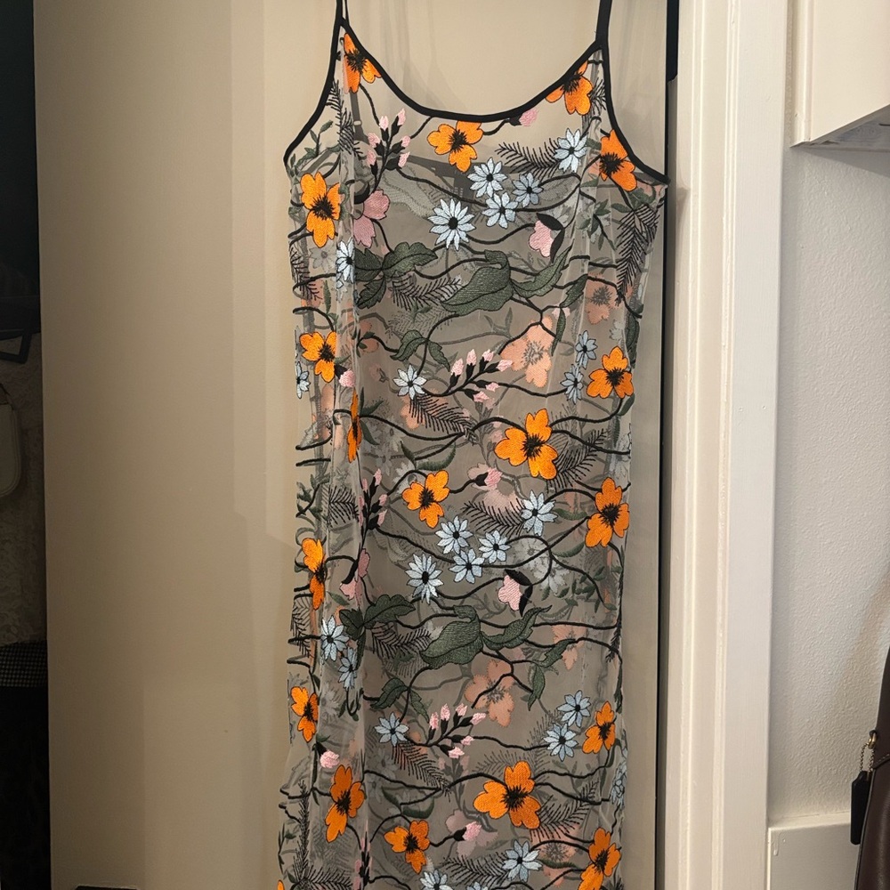 Forever 21 Sheer Dress with White and Green Floral Design